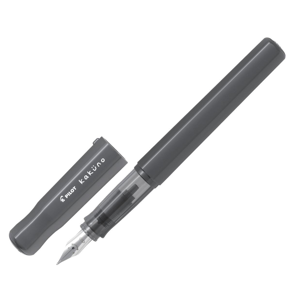 Pilot BegreeN Kakuno fountain pen, Fine Nib Grey Cap and Barrel, an eco recycled-material fountain pen with a triangular grip and a smiling-face engraved nib, shown on a white background.