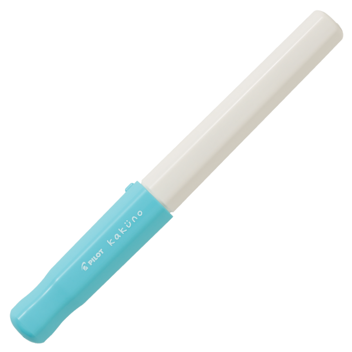 Pilot BegreeN Kakuno fountain pen, Fine Nib Soft Blue Cap, an eco recycled-material fountain pen with a triangular grip and a smiling-face engraved nib, shown on a white background.