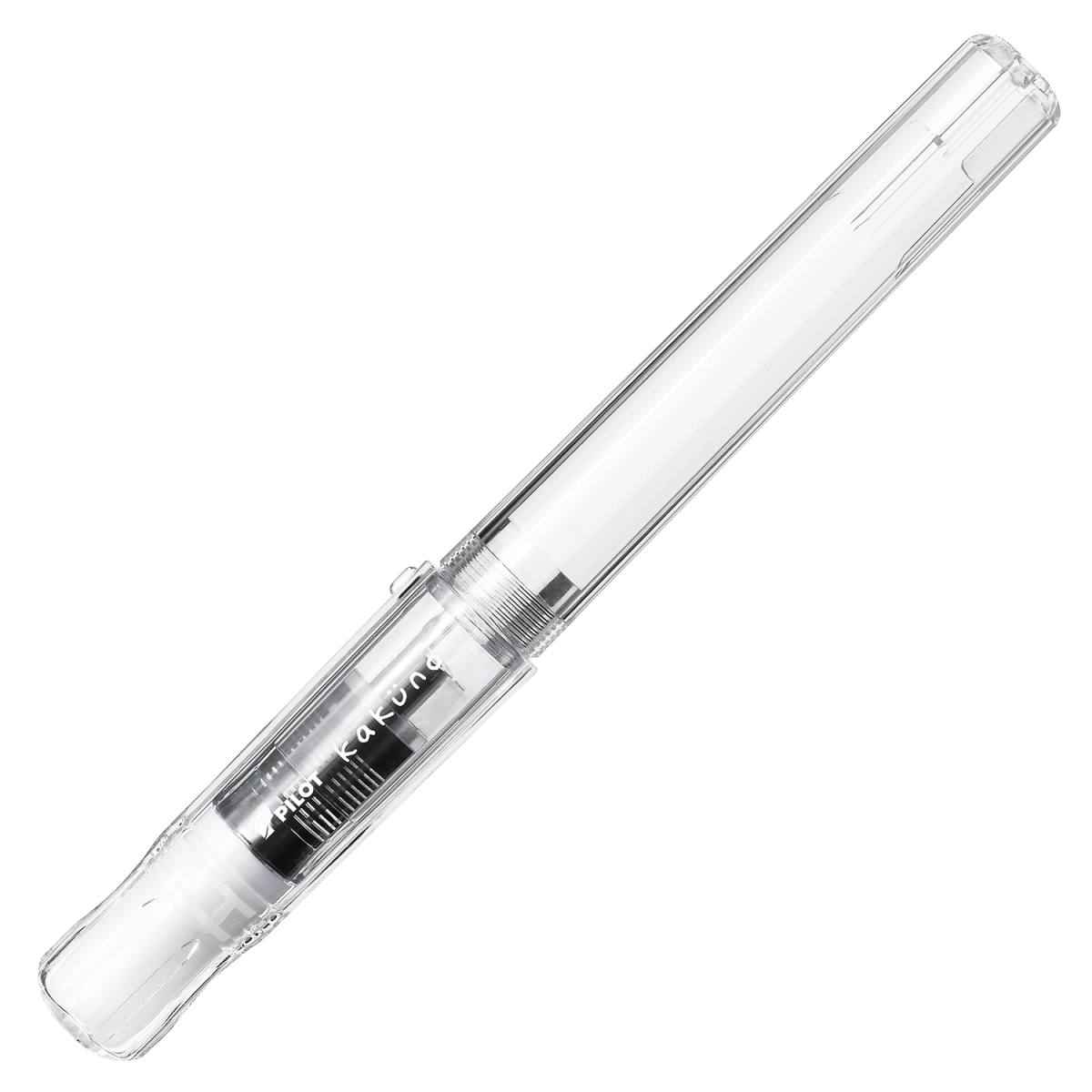 Pilot BegreeN Kakuno fountain pen, Medium Nib Clear Cap and Barrel, an eco recycled-material fountain pen with a triangular grip and a smiling-face engraved nib, shown on a white background.