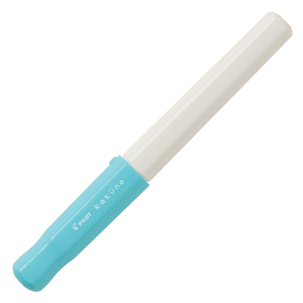 Pilot BegreeN Kakuno fountain pen, Medium Nib Soft Blue Cap, an eco recycled-material fountain pen with a triangular grip and a smiling-face engraved nib, shown on a white background.