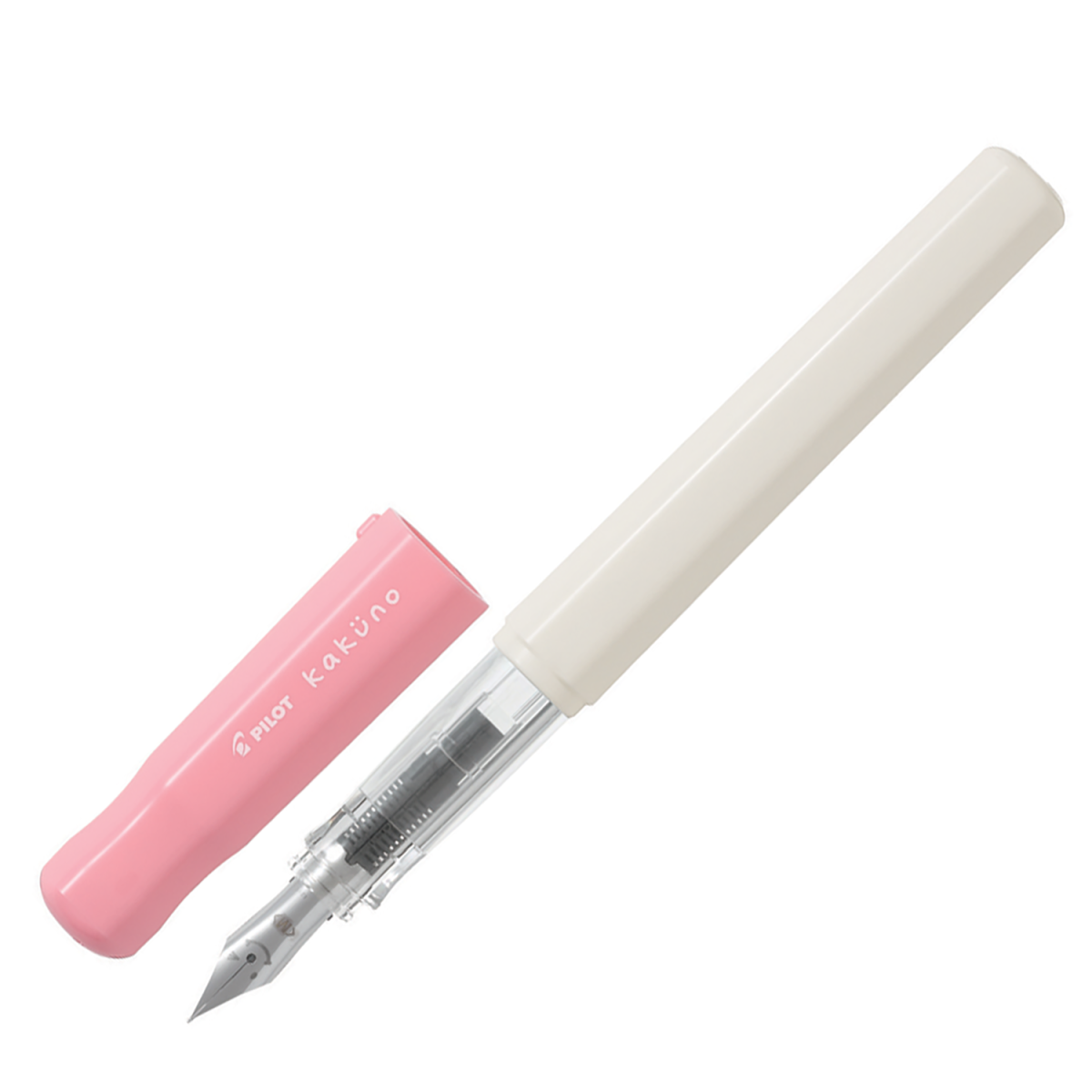 Pilot BegreeN Kakuno fountain pen, Medium Nib Soft Pink Cap, an eco recycled-material fountain pen with a triangular grip and a smiling-face engraved nib, shown on a white background.