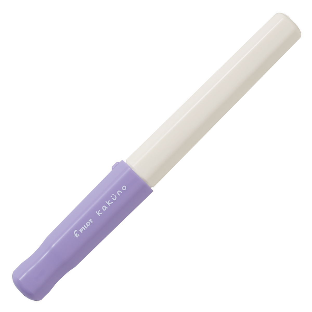 Pilot BegreeN Kakuno fountain pen, Medium Nib Soft Violet Cap, an eco recycled-material fountain pen with a triangular grip and a smiling-face engraved nib, shown on a white background.