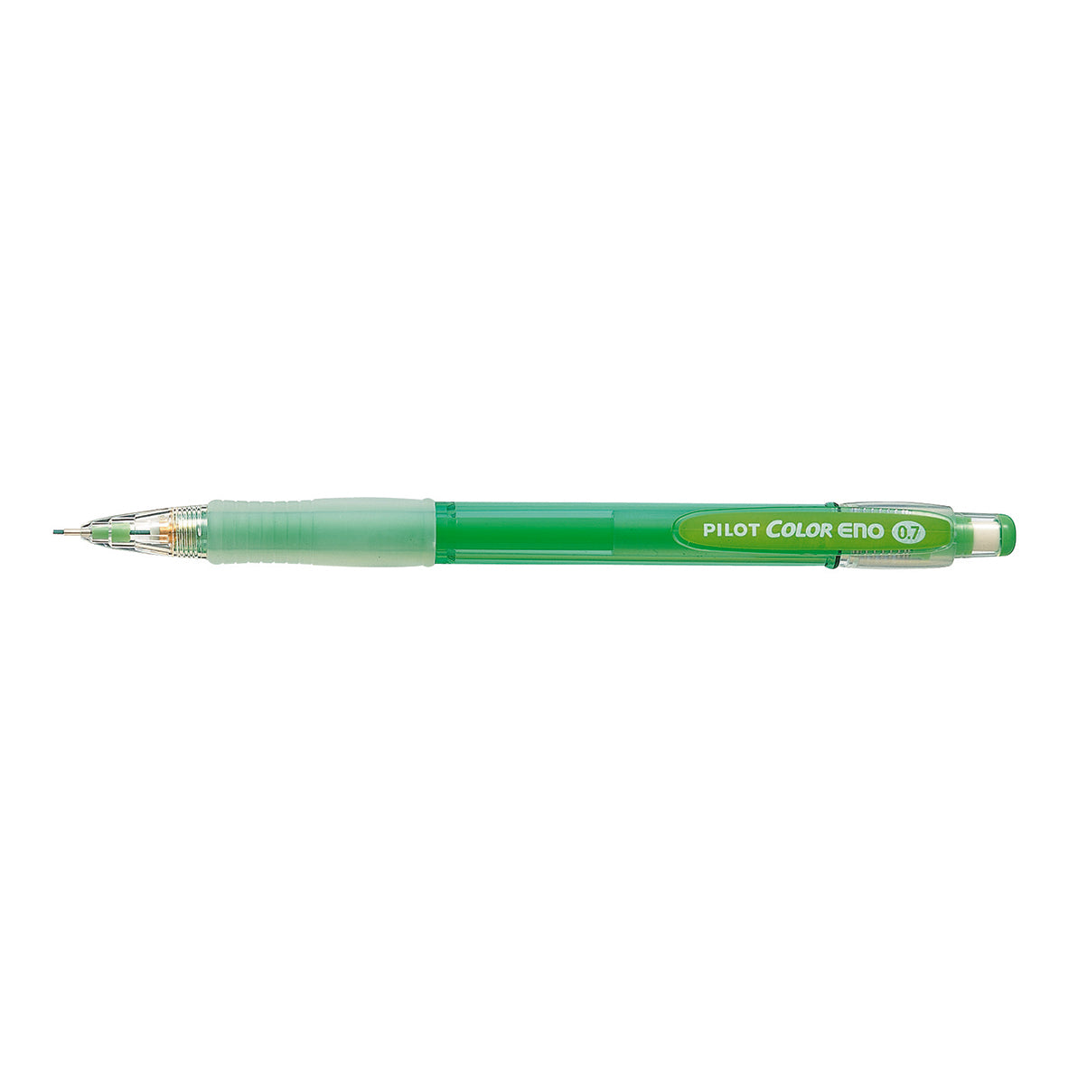 Pilot Color Eno mechanical pencil, 0.7mm, green barrel, a mechanical pencil that writes in coloured erasable lead shown on a white background, box of 12.