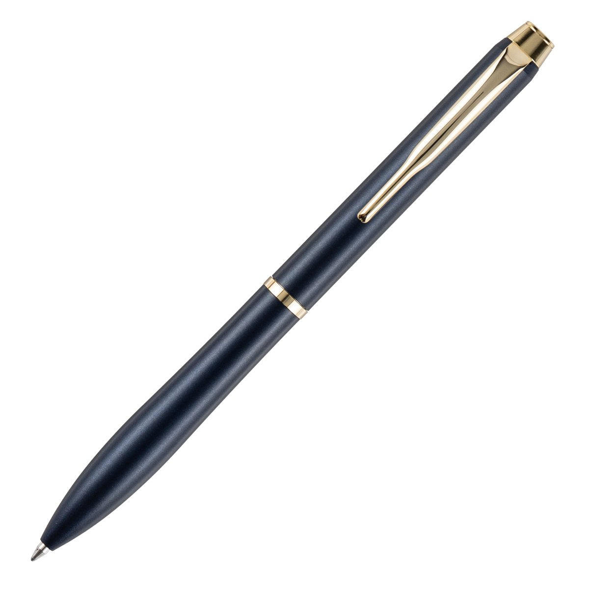 Pilot Eterlink retractable ballpoint pen, dark blue barrel with gold trim, a premium metal ballpoint shown at a three-quarter angle on a white background.