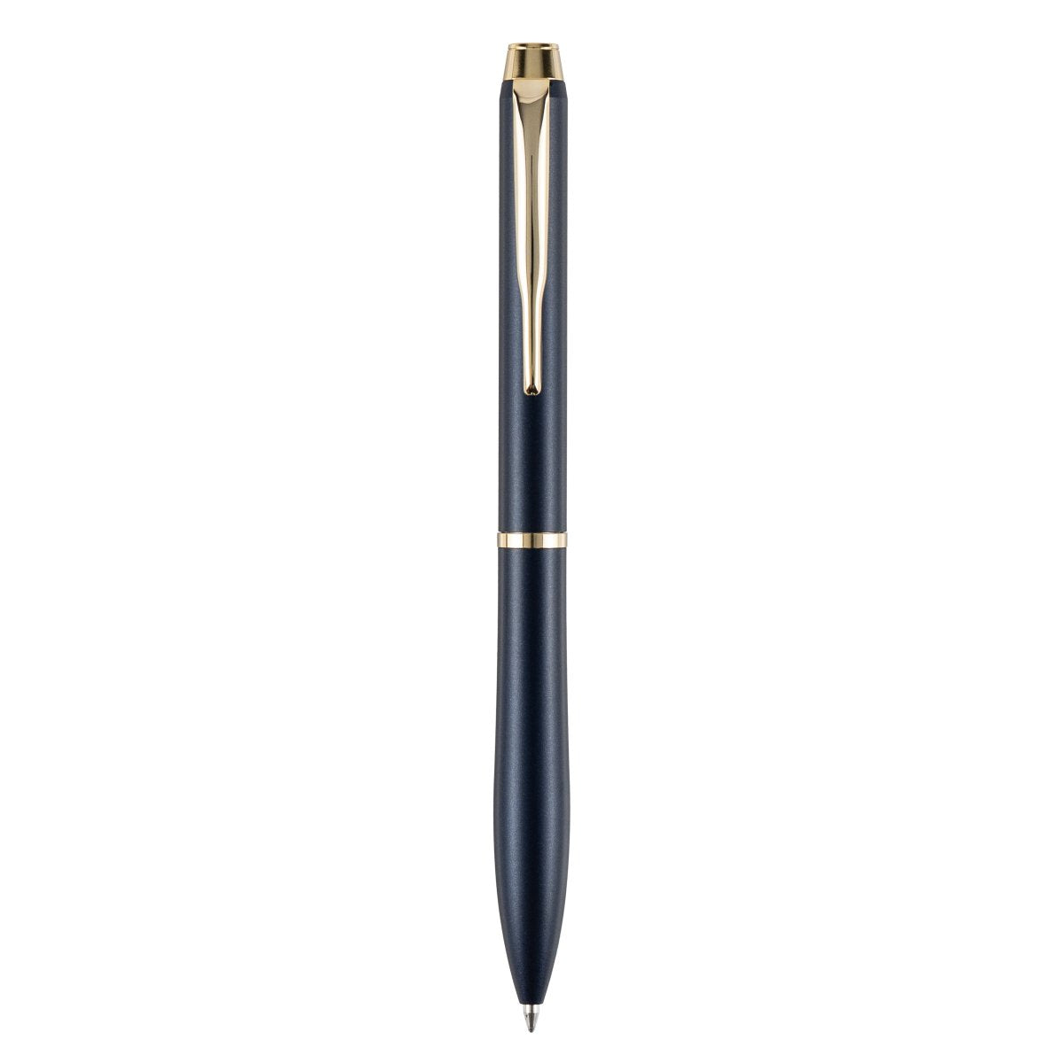 Pilot Eterlink retractable ballpoint pen in dark blue shown front-on with the writing tip extended.