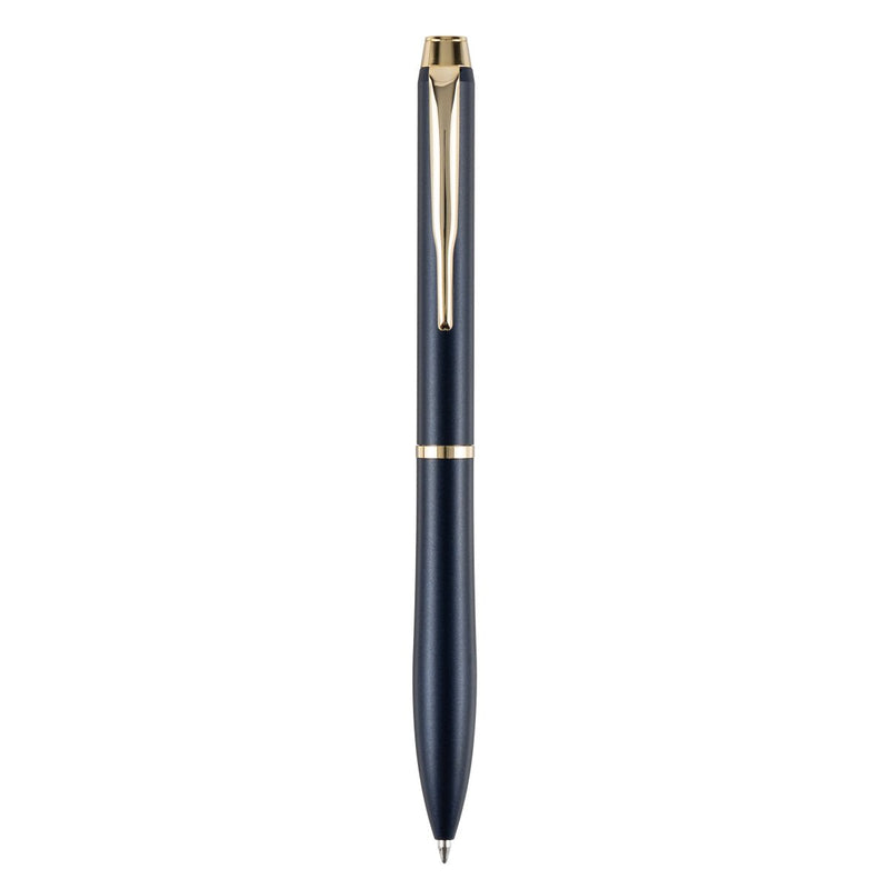 Pilot Eterlink retractable ballpoint pen in dark blue shown front-on with the writing tip extended.