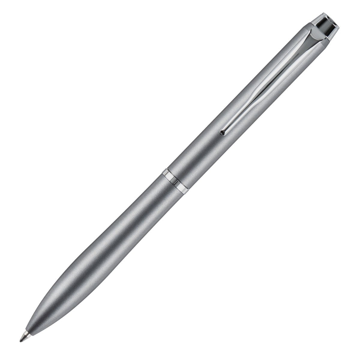 Pilot Eterlink retractable ballpoint pen, grey barrel with silver trim, a premium metal ballpoint shown at a three-quarter angle on a white background.