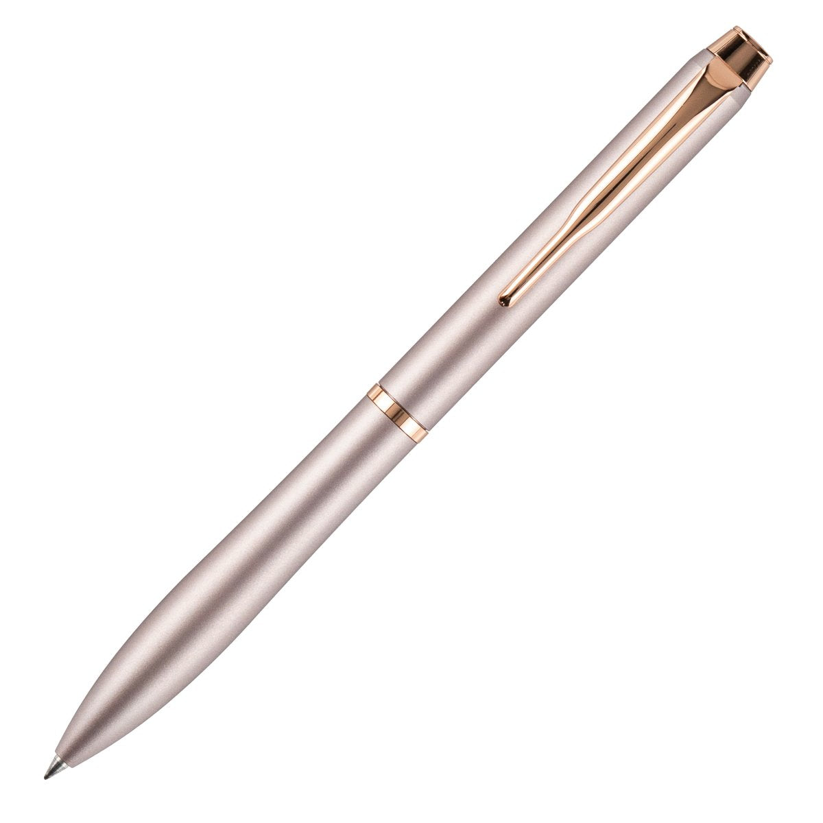 Pilot Eterlink retractable ballpoint pen, rose beige barrel with pink gold trim, a premium metal ballpoint shown at a three-quarter angle on a white background.
