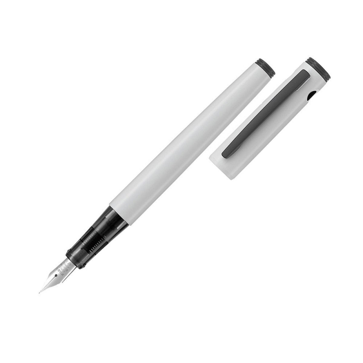 Pilot Explorer #2 fountain pen in gloss white shown with the cap off, revealing the stainless steel medium nib.