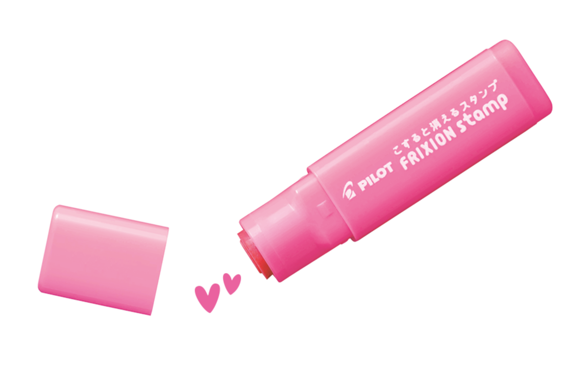 Pilot FriXion erasable stamp, double heart design in pink, a self-inking erasable stamp for planners and journals shown on a white background, box of 5.