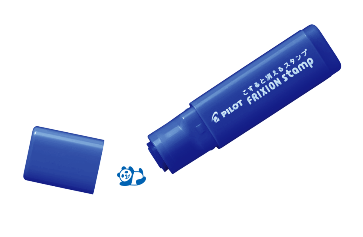 Pilot FriXion erasable stamp, panda design in blue, a self-inking erasable stamp for planners and journals shown on a white background, box of 5.