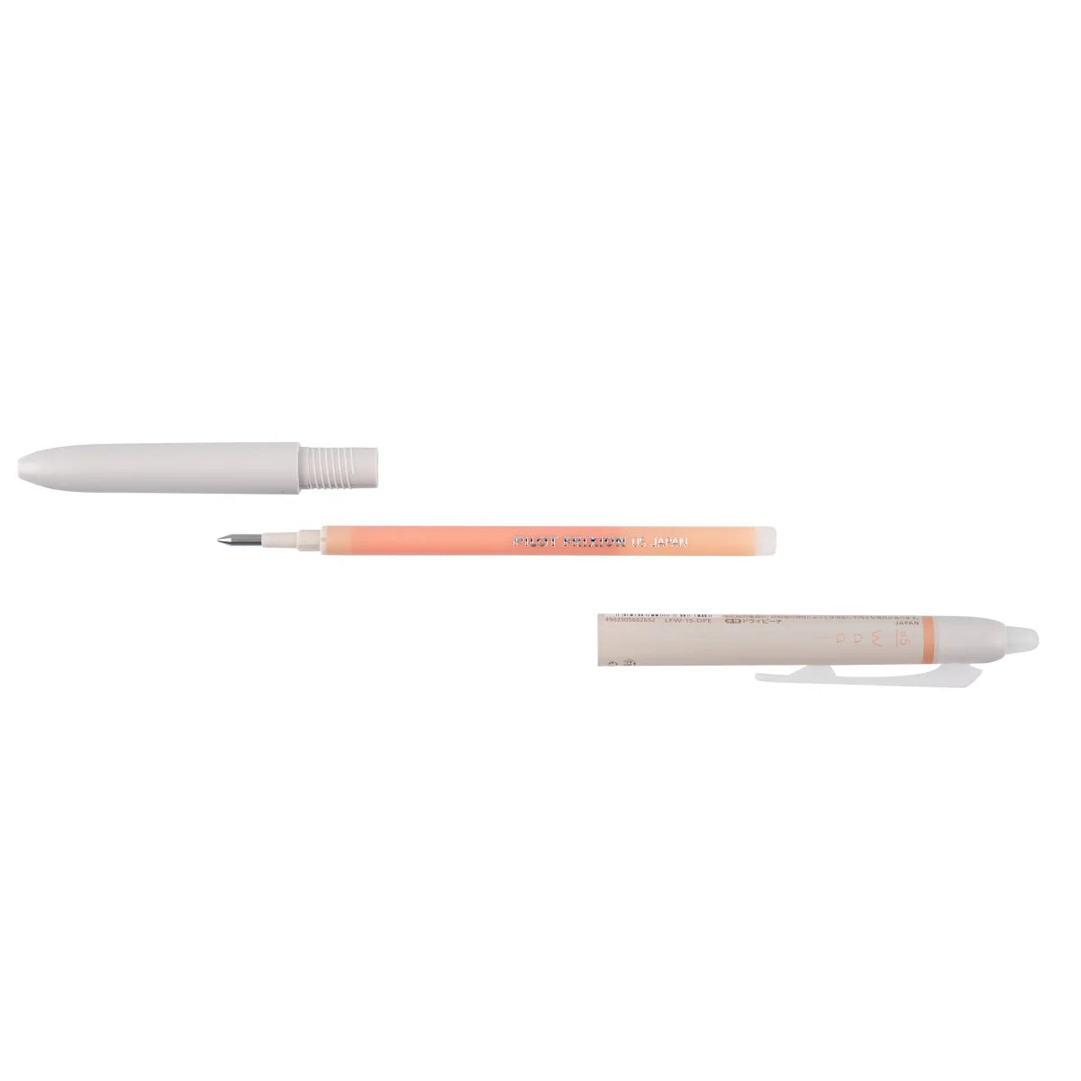Pilot FriXion Waai Dry Peach pen shown taken apart into barrel, grip section and refill, showing where the extra fine gel refill sits inside the pen