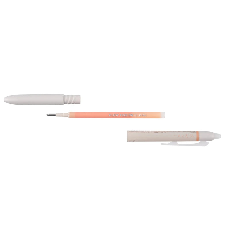 Pilot FriXion Waai Dry Peach pen shown taken apart into barrel, grip section and refill, showing where the extra fine gel refill sits inside the pen