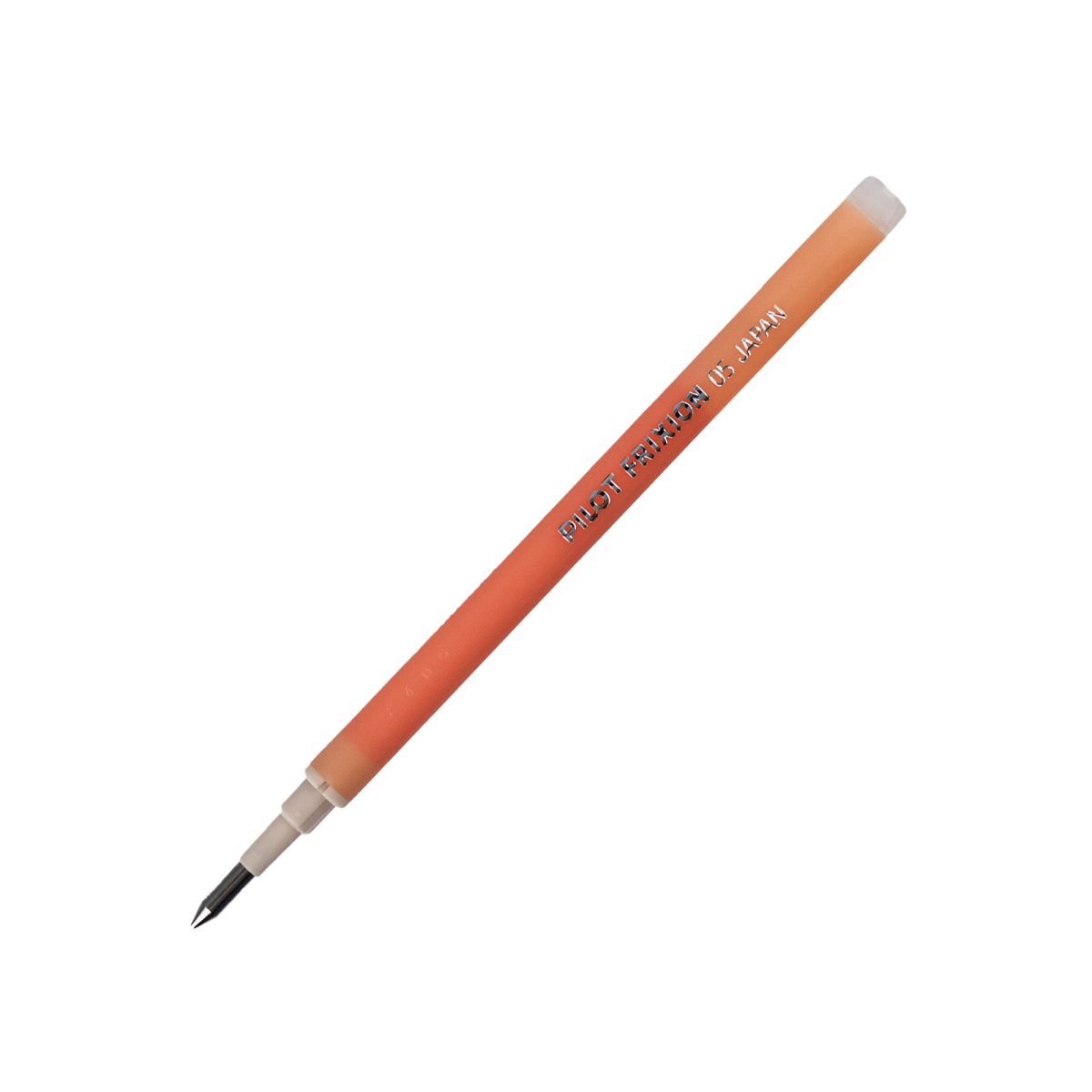 Pilot FriXion Waai extra fine gel refill in Dry Peach, shown diagonally on a light grey background with the peach ink barrel, white collar, black 0.5mm tip and PILOT FriXION 05 JAPAN marking along the shaft