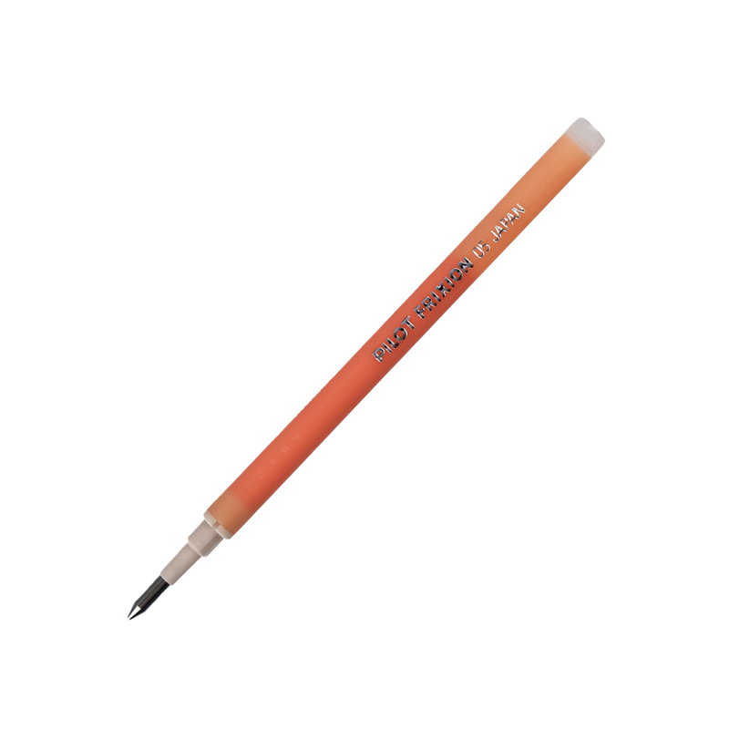 Pilot FriXion Waai extra fine gel refill in Dry Peach, shown diagonally on a light grey background with the peach ink barrel, white collar, black 0.5mm tip and PILOT FriXION 05 JAPAN marking along the shaft