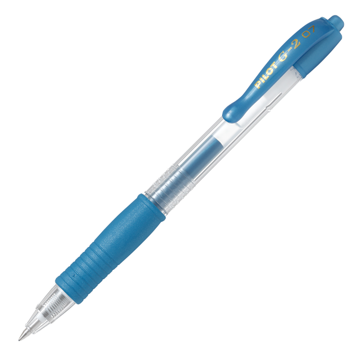 Pilot G-2 retractable gel pen, fine 0.7mm, metallic blue barrel, a premium comfort-grip gel ink pen shown on a white background, box of 12.