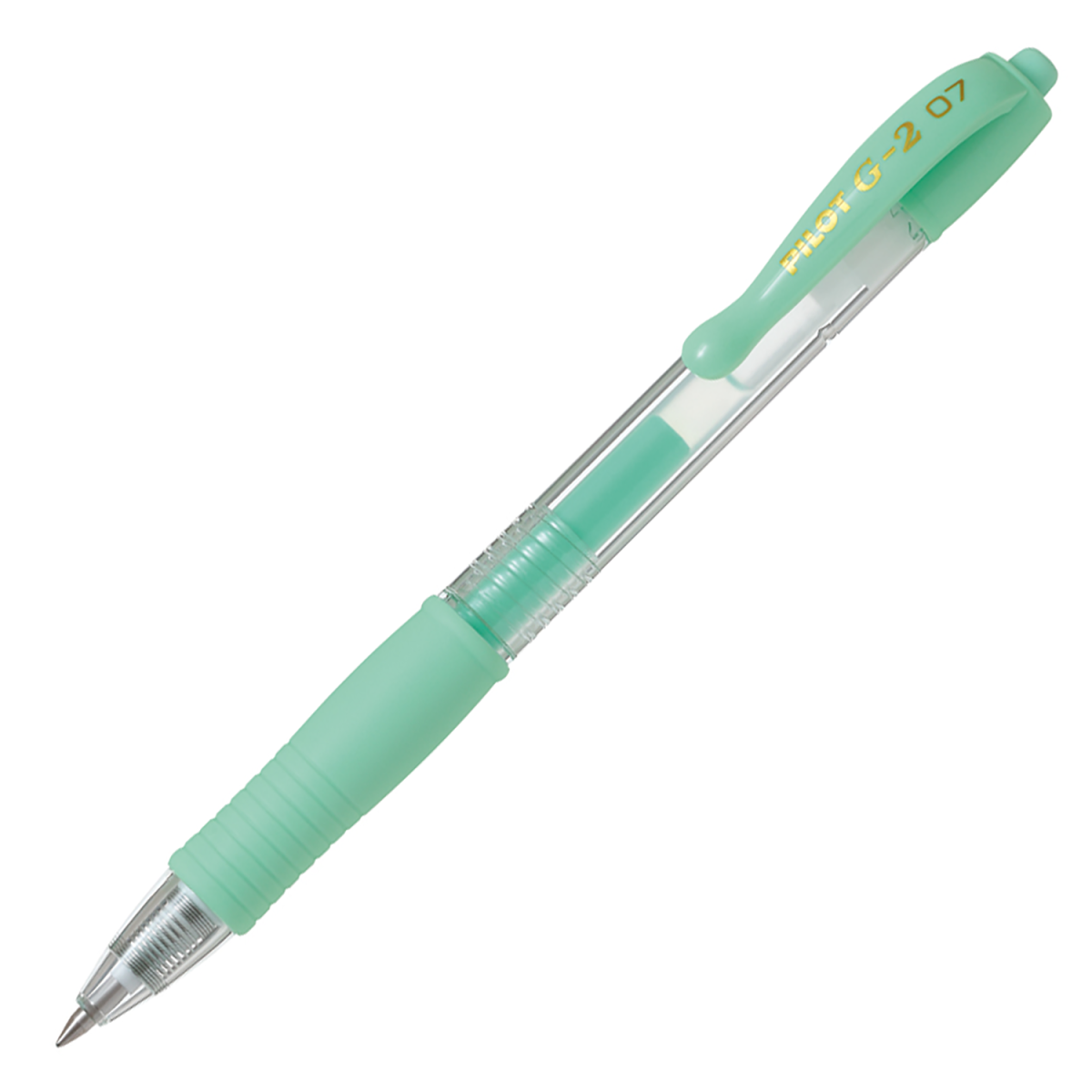 Pilot G-2 retractable gel pen, fine 0.7mm, pastel green barrel, a premium comfort-grip gel ink pen shown on a white background, box of 12.