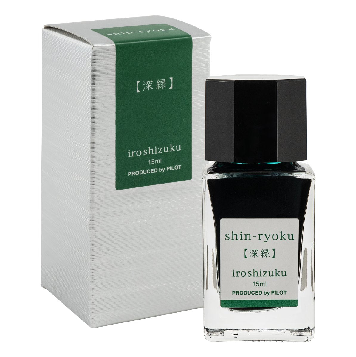 Pilot Iroshizuku 15ml Forest Green (Shin-ryoku) ink bottle shown next to its printed presentation box on a white background.