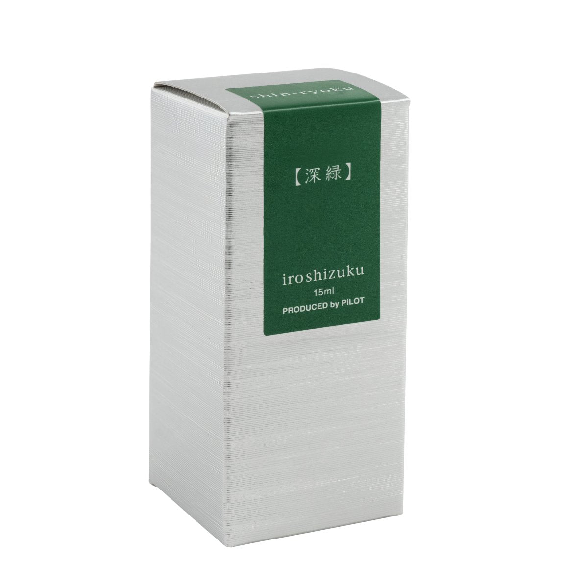 Printed presentation box for Pilot Iroshizuku 15ml Forest Green (Shin-ryoku) fountain pen ink, showing the Iroshizuku branding and colour name.