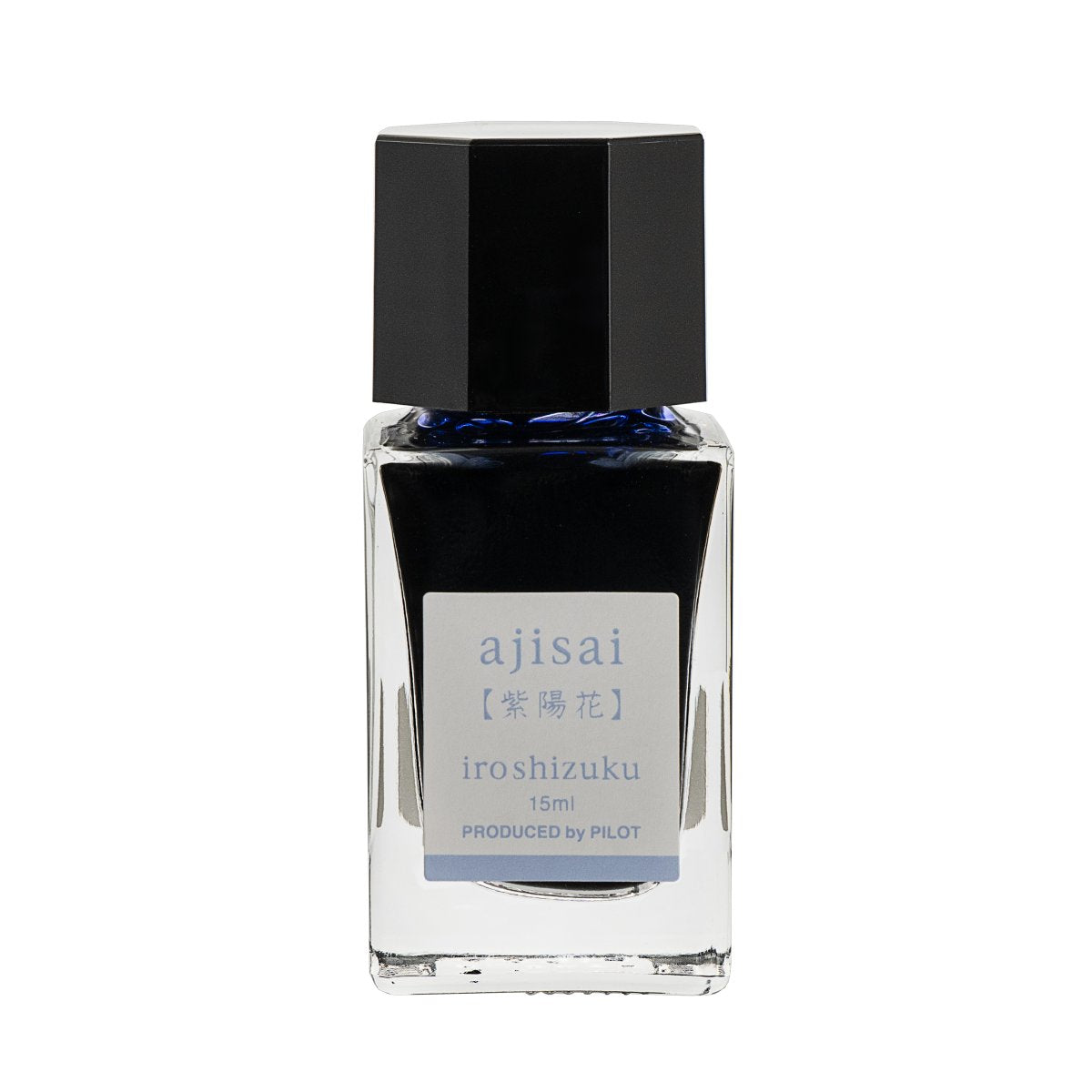 Pilot Iroshizuku 15ml bottle of Hydrangea (Ajisai) fountain pen ink, a faceted clear glass bottle of bottled ink shown upright on a white background.