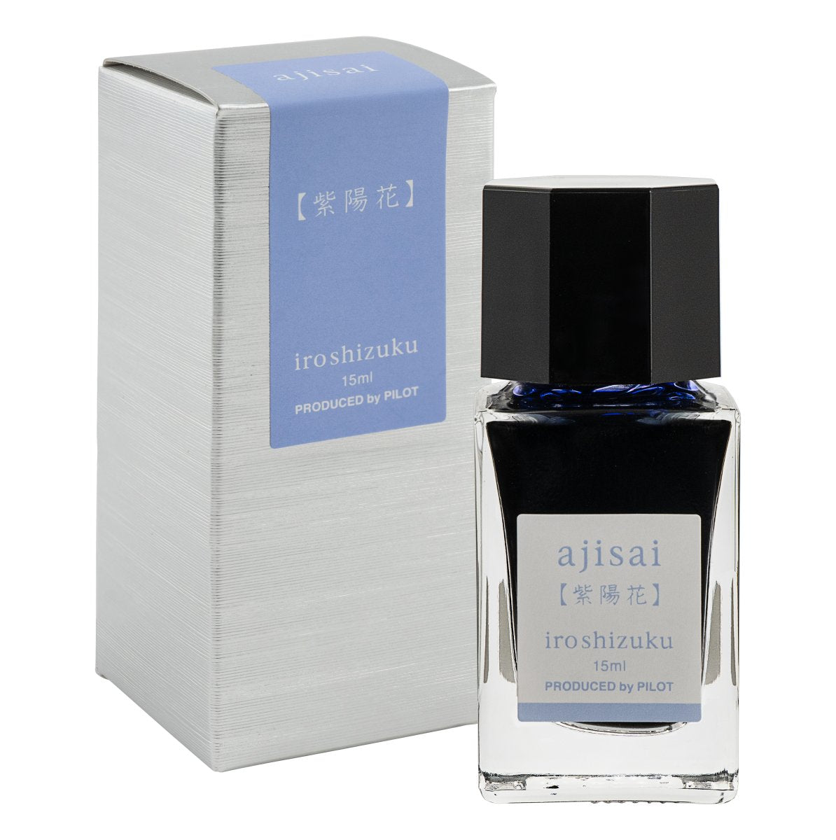 Pilot Iroshizuku 15ml Hydrangea (Ajisai) ink bottle shown next to its printed presentation box on a white background.
