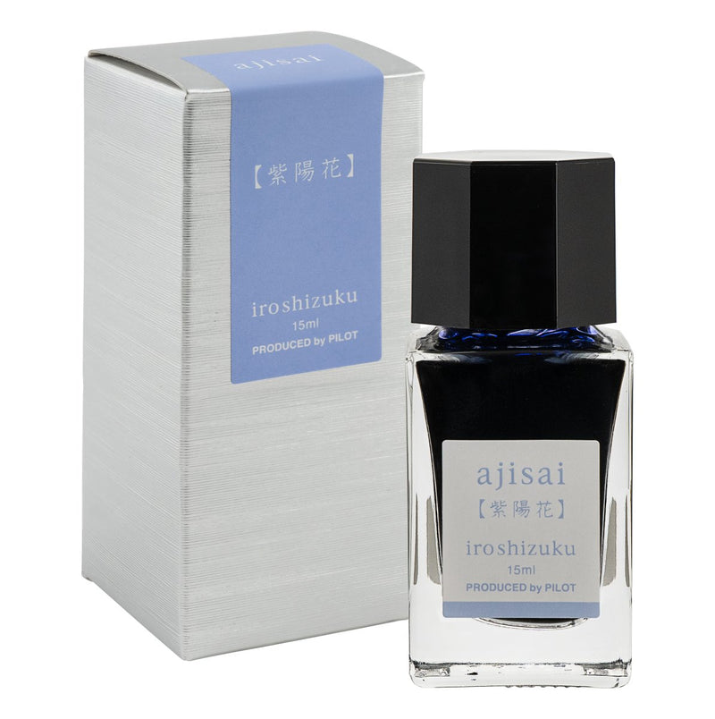 Pilot Iroshizuku 15ml Hydrangea (Ajisai) ink bottle shown next to its printed presentation box on a white background.
