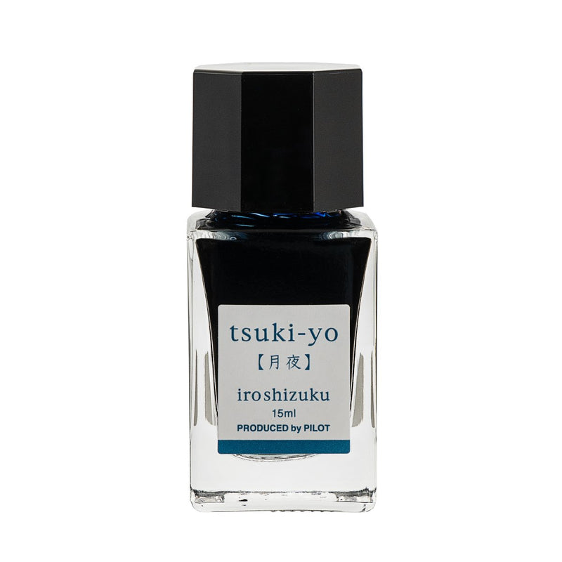 Pilot Iroshizuku 15ml bottle of Moonlight (Tsuki-yo) fountain pen ink, a faceted clear glass bottle of bottled ink shown upright on a white background.