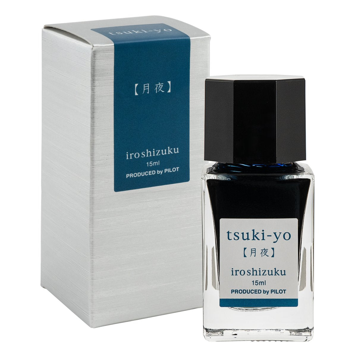 Pilot Iroshizuku 15ml Moonlight (Tsuki-yo) ink bottle shown next to its printed presentation box on a white background.