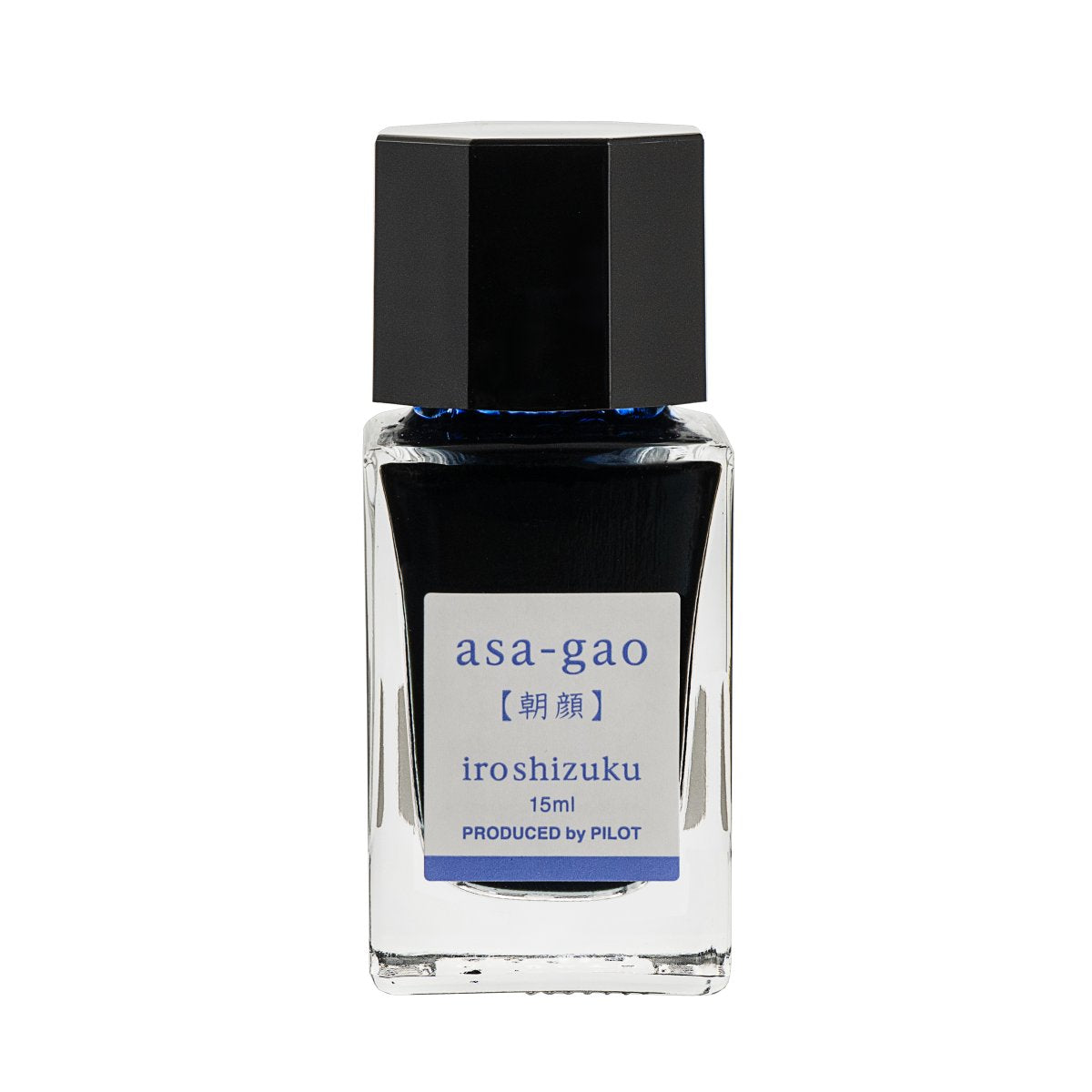 Pilot Iroshizuku 15ml bottle of Morning Glory (Asa-gao) fountain pen ink, a faceted clear glass bottle of bottled ink shown upright on a white background.