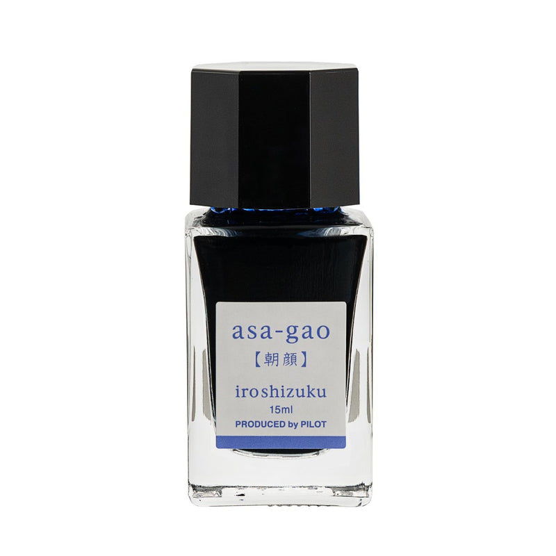 Pilot Iroshizuku 15ml bottle of Morning Glory (Asa-gao) fountain pen ink, a faceted clear glass bottle of bottled ink shown upright on a white background.