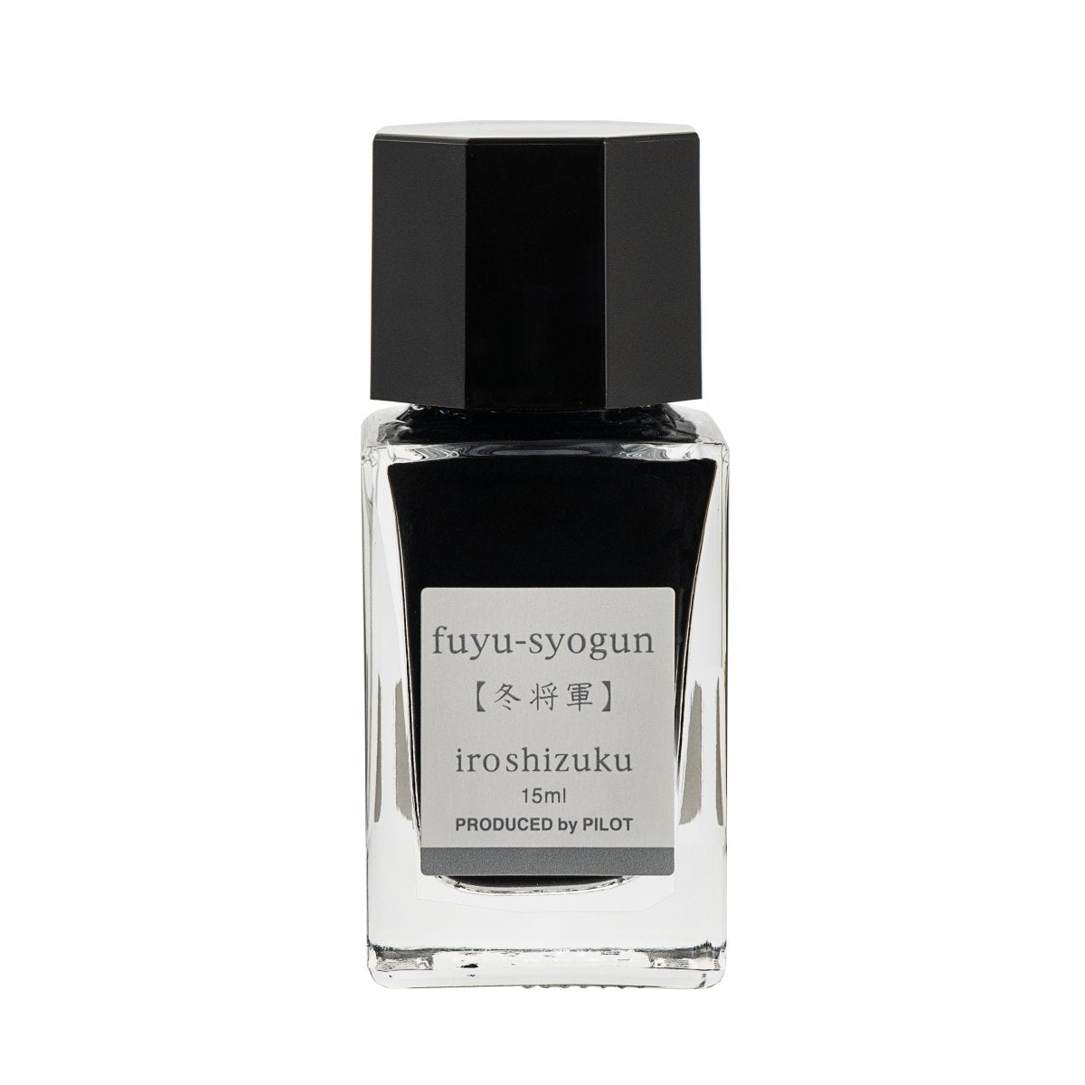 Pilot Iroshizuku 15ml bottle of Old Man Winter (Fuyu-syogun) fountain pen ink, a faceted clear glass bottle of bottled ink shown upright on a white background.