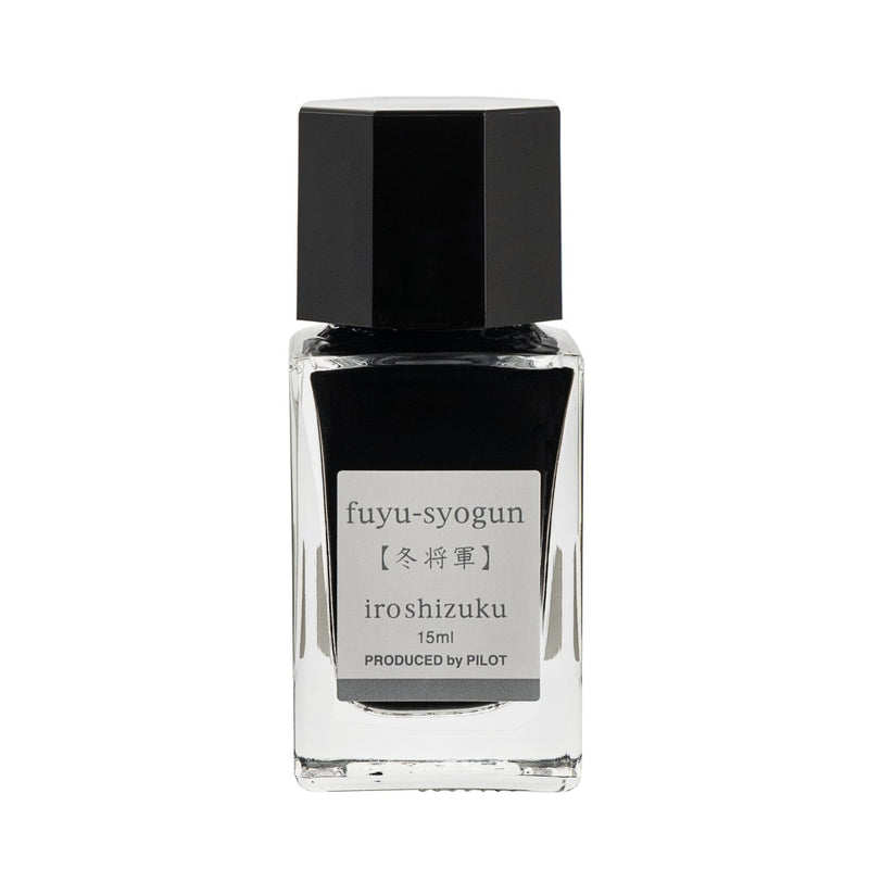 Pilot Iroshizuku 15ml bottle of Old Man Winter (Fuyu-syogun) fountain pen ink, a faceted clear glass bottle of bottled ink shown upright on a white background.