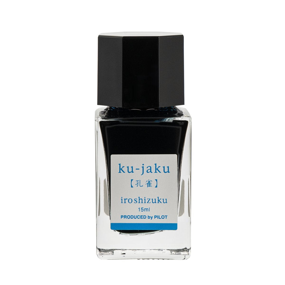 Pilot Iroshizuku 15ml bottle of Peacock (Ku-jaku) fountain pen ink, a faceted clear glass bottle of bottled ink shown upright on a white background.