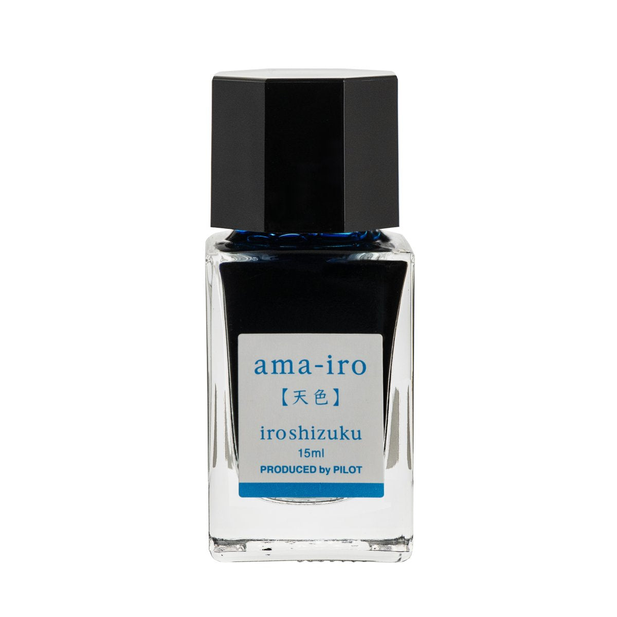 Pilot Iroshizuku 15ml bottle of Sky Blue (Ama-iro) fountain pen ink, a faceted clear glass bottle of bottled ink shown upright on a white background.