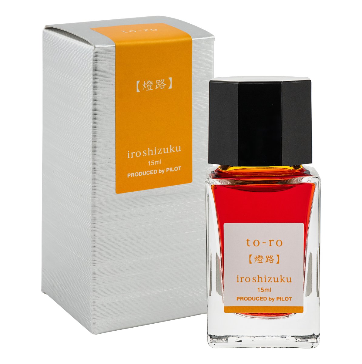 Pilot Iroshizuku 15ml Warm Lantern (To-ro) ink bottle shown next to its printed presentation box on a white background.