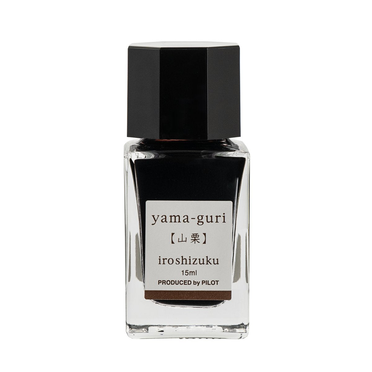 Pilot Iroshizuku 15ml bottle of Wild Chestnut Ink (Yama-guri) fountain pen ink, a faceted clear glass bottle of bottled ink shown upright on a white background.
