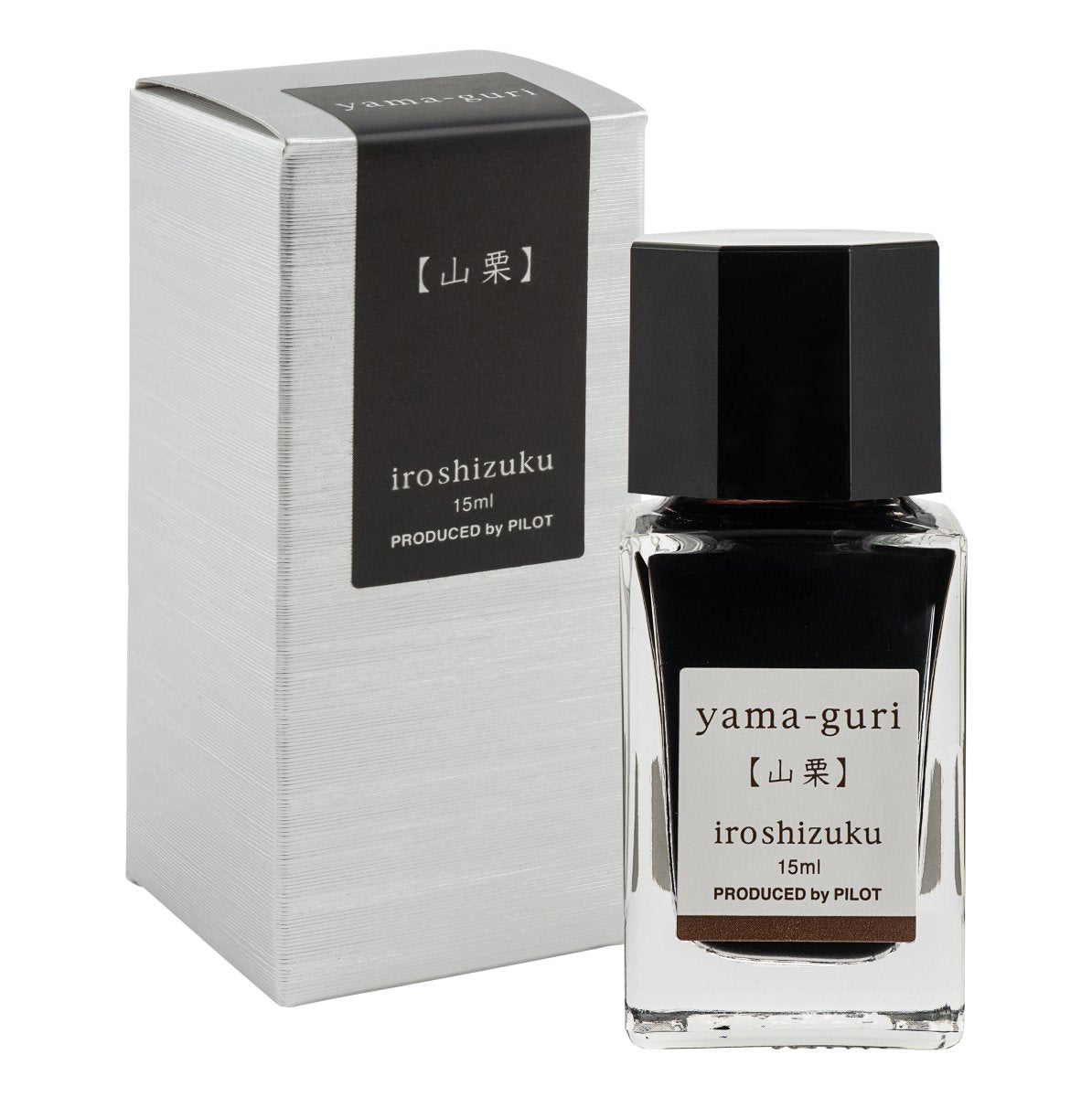 Pilot Iroshizuku 15ml Wild Chestnut Ink (Yama-guri) ink bottle shown next to its printed presentation box on a white background.