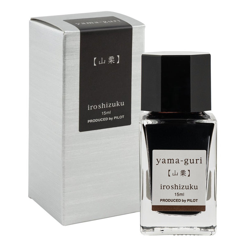 Pilot Iroshizuku 15ml Wild Chestnut Ink (Yama-guri) ink bottle shown next to its printed presentation box on a white background.