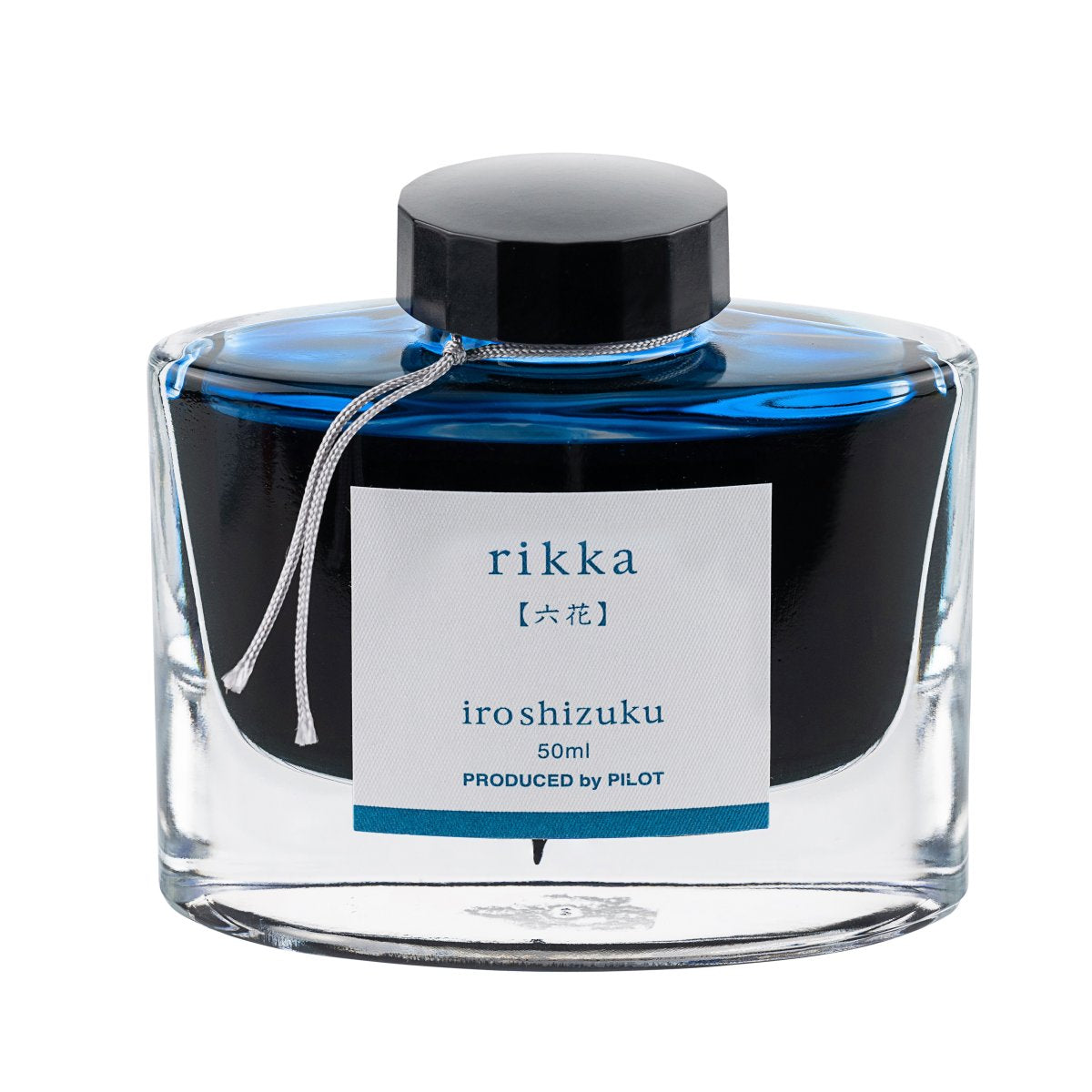 Pilot Iroshizuku 50ml bottle of Snow Crystal (Rikka) fountain pen ink, a faceted glass bottle of bottled ink shown straight on against a white background.