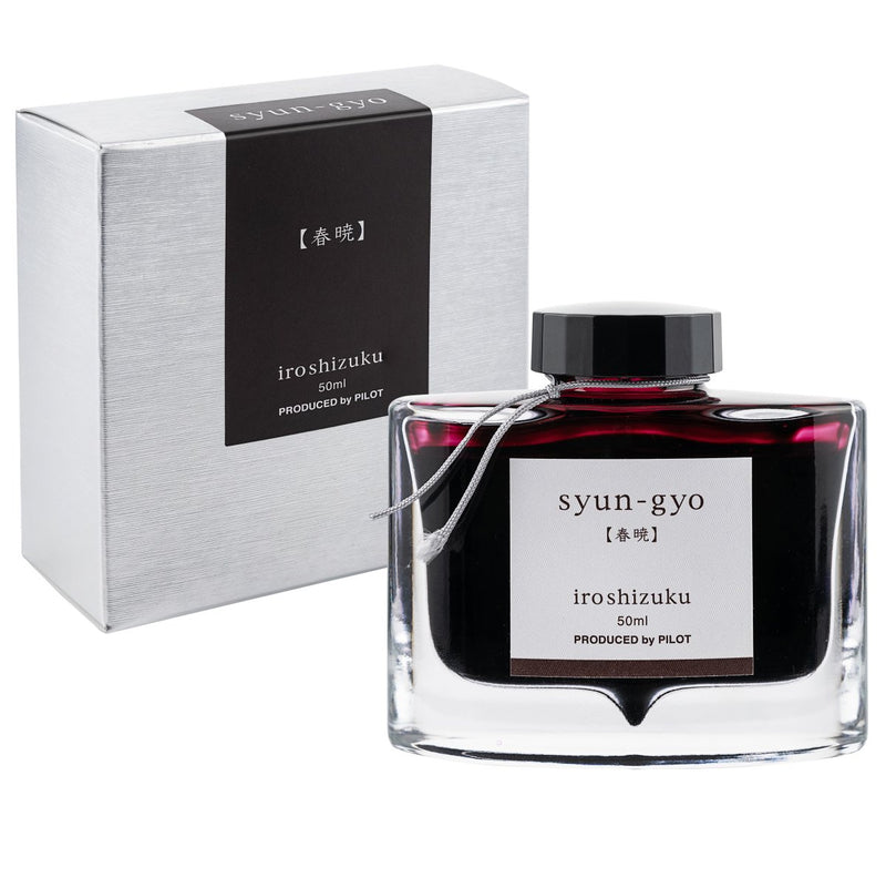 Pilot Iroshizuku 50ml Spring Dawn (Syun-gyo) ink bottle shown with its premium presentation box on a white background.