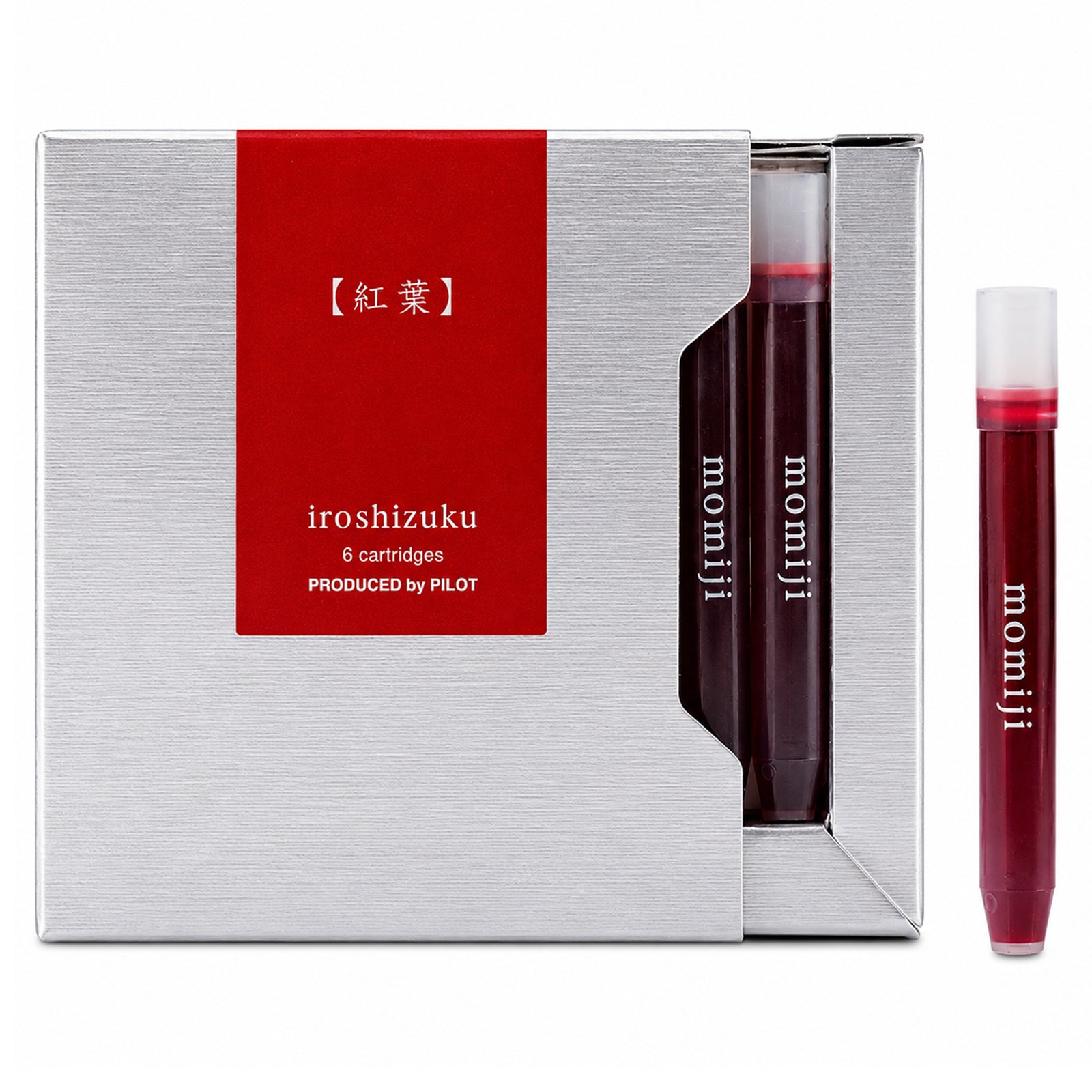 Studio product image showing the Pilot Iroshizuku Momiji fountain pen ink cartridge presentation box with a single crimson cartridge displayed beside it on a clean white background, highlighting the premium packaging and authentic Pilot design.
