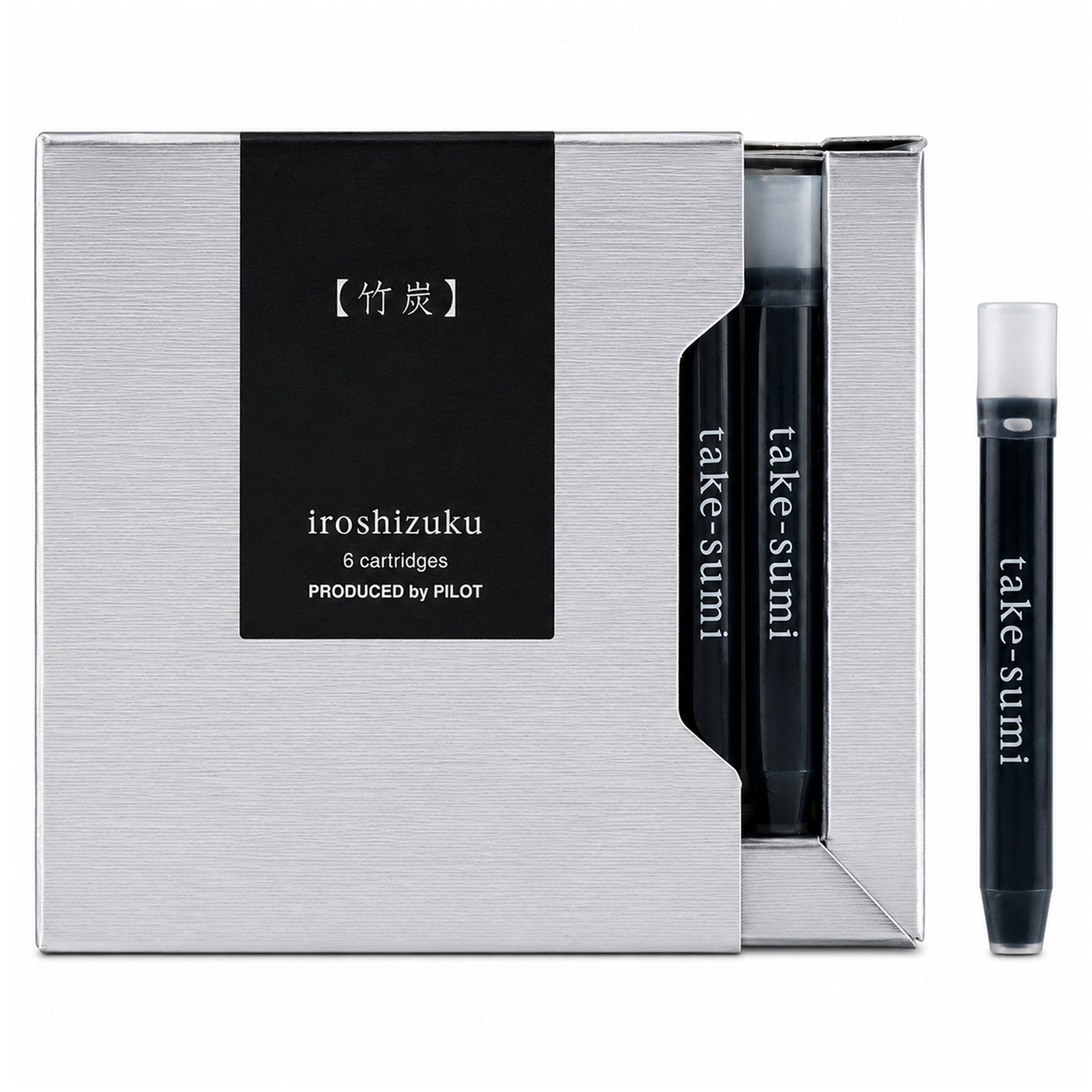 Studio product image showing the Pilot Iroshizuku Take Sumi fountain pen ink cartridge presentation box with a single black cartridge displayed alongside on a clean white background, highlighting the premium packaging and authentic Pilot cartridge design.