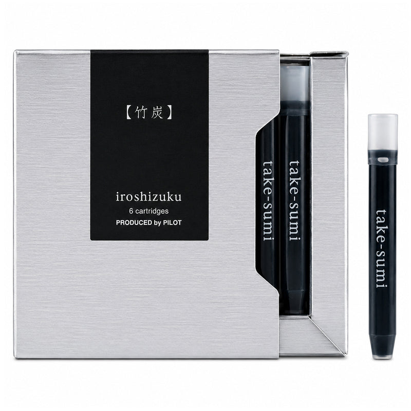 Studio product image showing the Pilot Iroshizuku Take Sumi fountain pen ink cartridge presentation box with a single black cartridge displayed alongside on a clean white background, highlighting the premium packaging and authentic Pilot cartridge design.