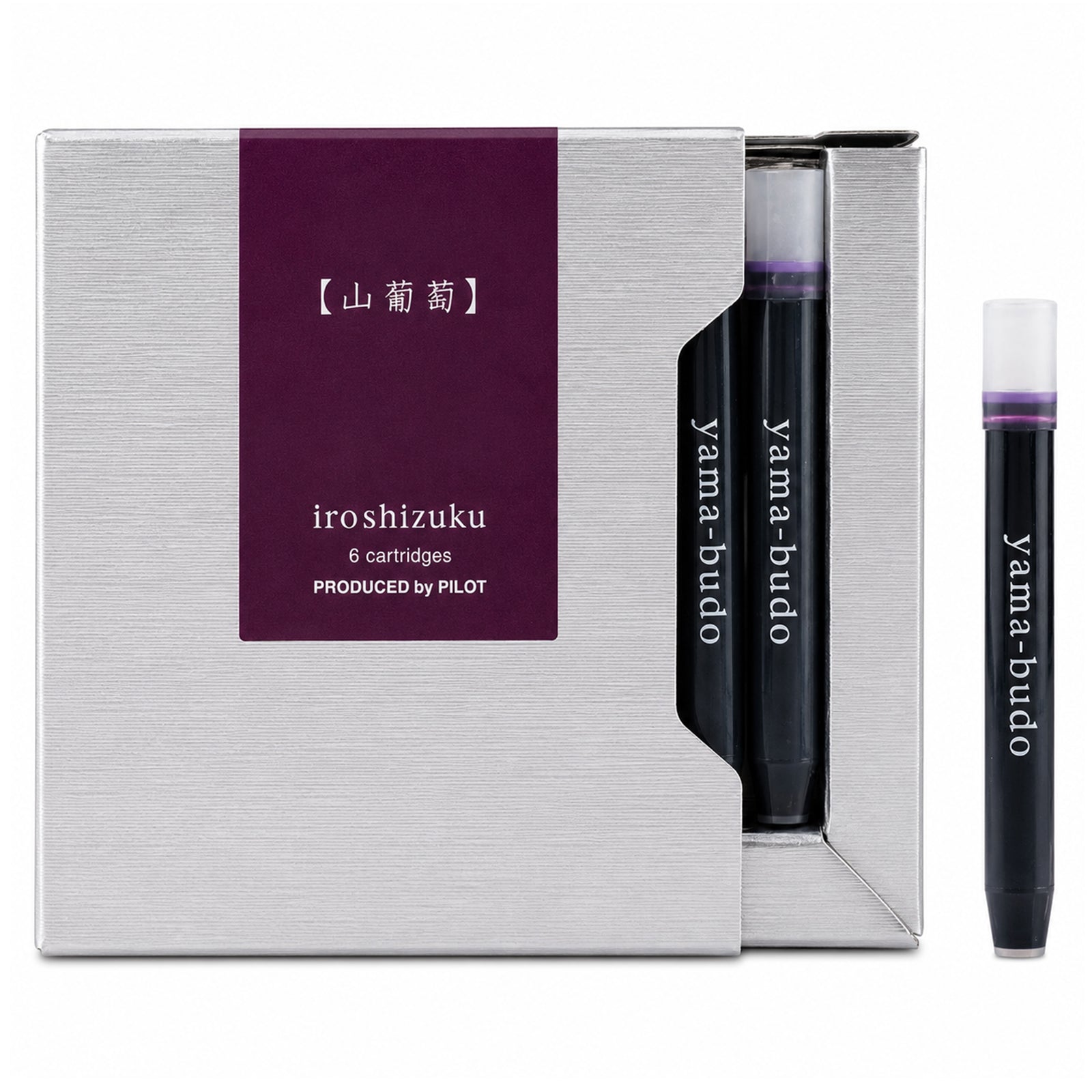 Studio product image showing the Pilot Iroshizuku Yama Budo fountain pen ink cartridge presentation box with a single purple crimson cartridge displayed alongside on a clean white background, highlighting the premium packaging and authentic Pilot cartridge design.