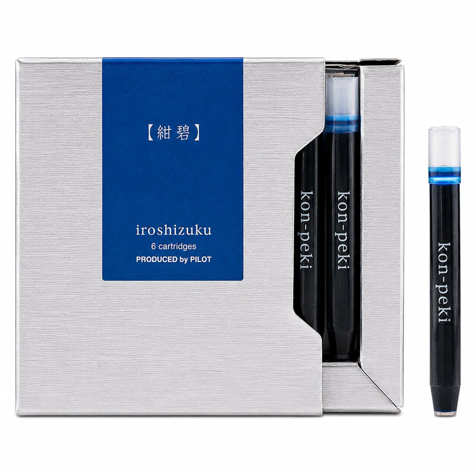 Studio product image showing the Pilot Iroshizuku Kon Peki fountain pen ink cartridge presentation box with a single deep cerulean blue cartridge displayed beside it on a clean white background, highlighting the premium packaging and authentic Pilot cartridge design.