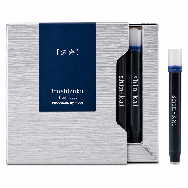 Studio product image showing the Pilot Iroshizuku Shin Kai fountain pen ink cartridge presentation box with a single Deep Sea blue black cartridge displayed beside it on a clean white background, highlighting the premium packaging and authentic Pilot cartridge design.