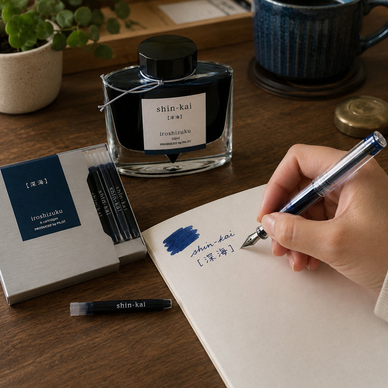 Pilot Iroshizuku Shin Kai fountain pen ink cartridges displayed beside the matching 50ml ink bottle on a wooden writing desk while a hand writes with a compatible fountain pen. Rich blue black ink samples demonstrate the elegant Deep Sea colour inspired by the mysterious Japanese ocean.