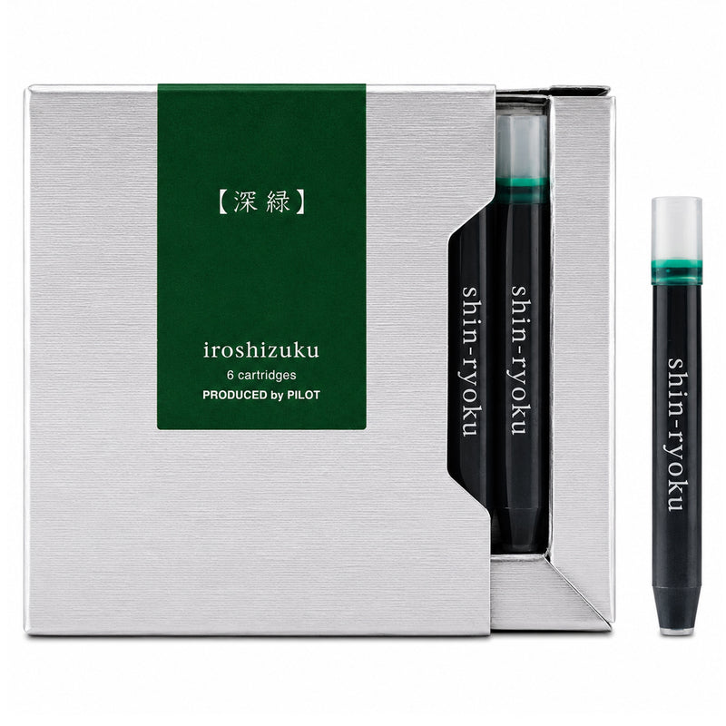 Studio product image showing the Pilot Iroshizuku Shin Ryoku fountain pen ink cartridge presentation box with a single forest green cartridge displayed alongside on a clean white background, emphasising the premium packaging and authentic Pilot cartridge design.