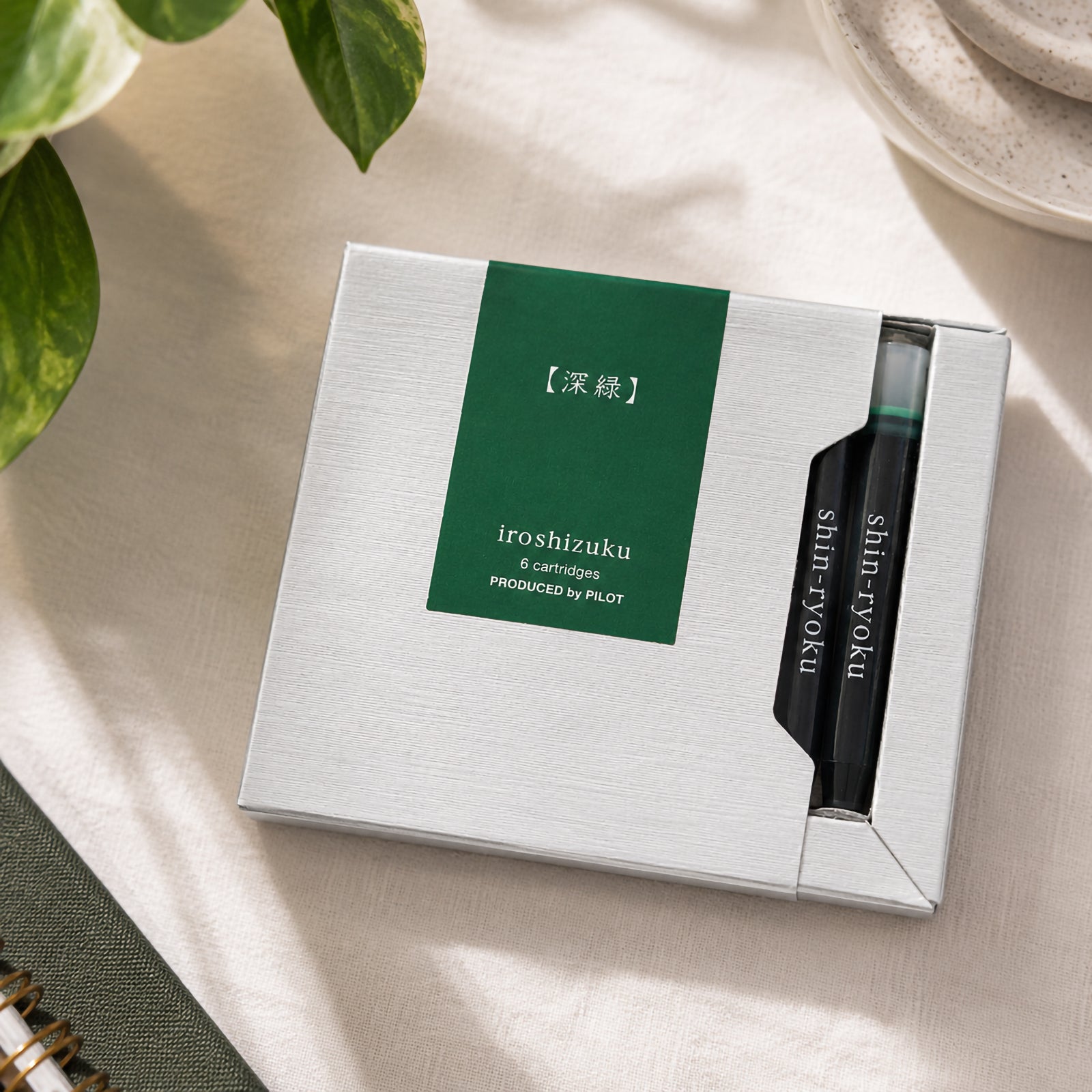Pilot Iroshizuku Shin Ryoku fountain pen ink cartridge presentation box displayed on a bright workspace with indoor plants, stationery and soft natural light. The scene reflects the fresh forest inspiration behind the rich green ink colour.
