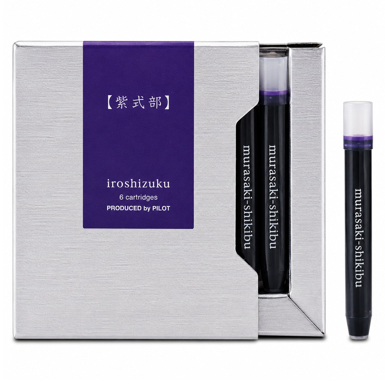 Studio product image showing the Pilot Iroshizuku Murasaki Shikibu fountain pen ink cartridge presentation box with a single Japanese Beautyberry purple cartridge displayed separately on a clean white background, highlighting the premium packaging and authentic Pilot cartridge design.
